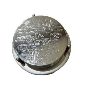 Vtg Ducks Cattail Coasters & Holder Bar Ware Set of 6 Silver Engraved Etched MCM